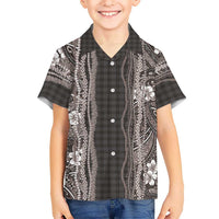 Hawaiian Art Flower Tribal with Lei Family Matching Off Shoulder Short Dress and Hawaiian Shirt Palaka Pattern Grayscale - Polynesian Pride