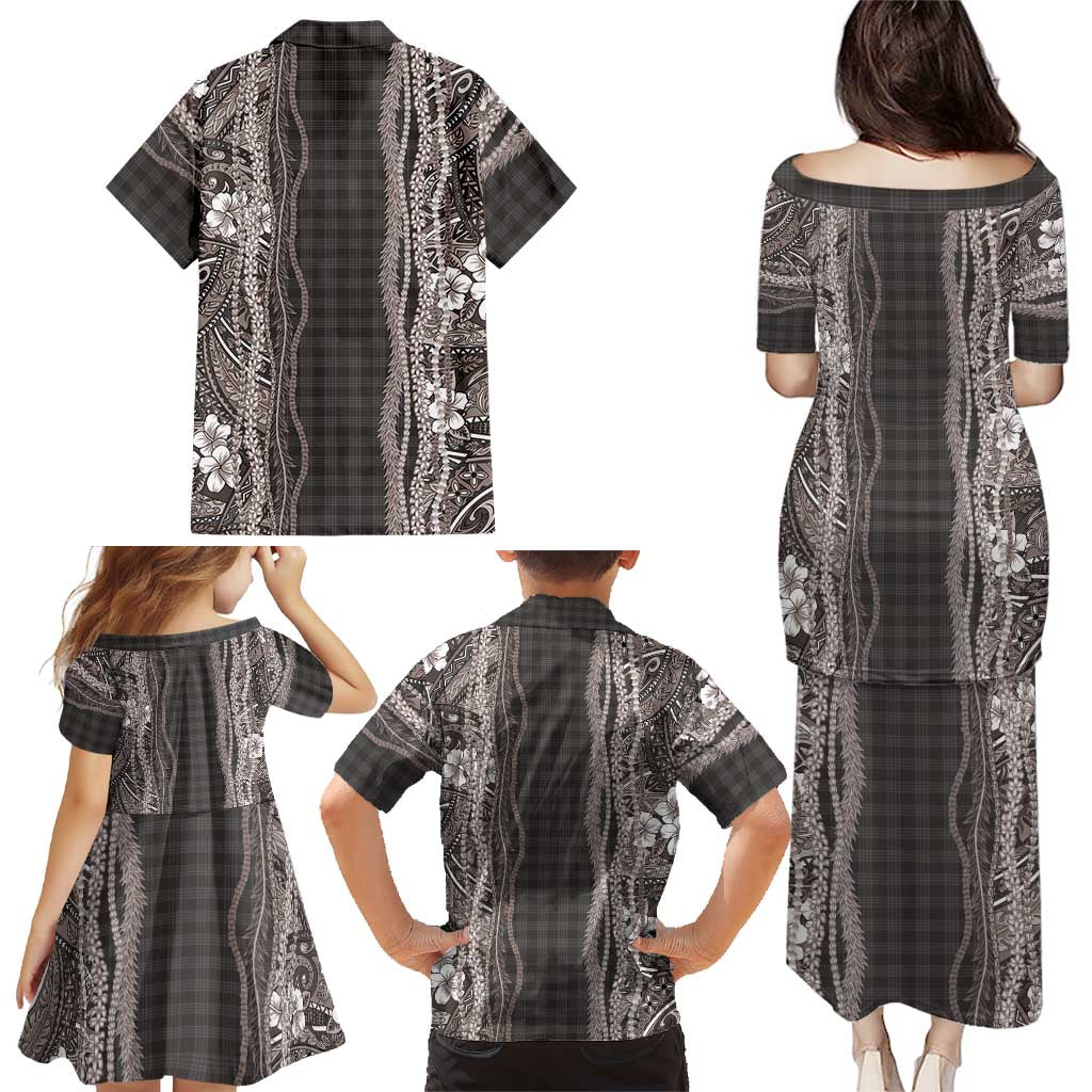 Hawaiian Art Flower Tribal with Lei Family Matching Puletasi and Hawaiian Shirt Palaka Pattern Grayscale - Polynesian Pride