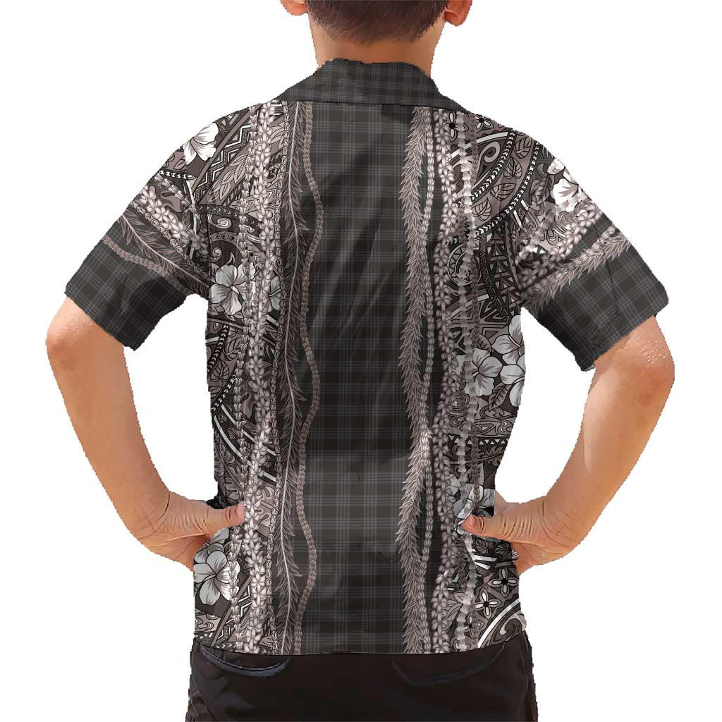 Hawaiian Art Flower Tribal with Lei Family Matching Short Sleeve Bodycon Dress and Hawaiian Shirt Palaka Pattern Grayscale - Polynesian Pride
