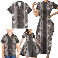 Hawaiian Art Flower Tribal with Lei Family Matching Short Sleeve Bodycon Dress and Hawaiian Shirt Palaka Pattern Grayscale - Polynesian Pride