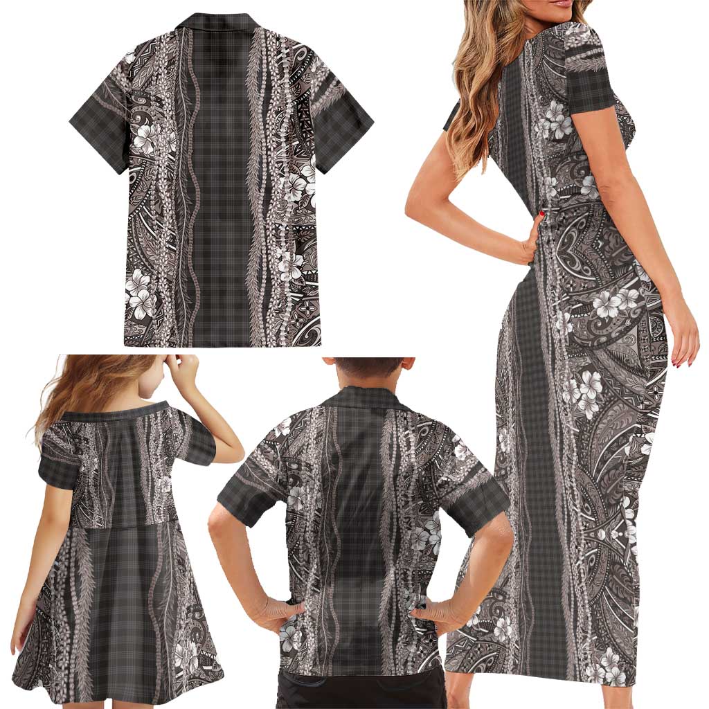 Hawaiian Art Flower Tribal with Lei Family Matching Short Sleeve Bodycon Dress and Hawaiian Shirt Palaka Pattern Grayscale - Polynesian Pride