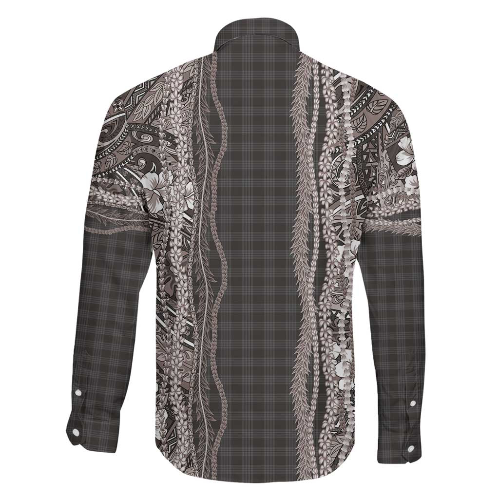 Hawaiian Art Flower Tribal with Lei Family Matching Short Sleeve Bodycon Dress and Hawaiian Shirt Palaka Pattern Grayscale - Polynesian Pride