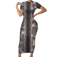 Hawaiian Art Flower Tribal with Lei Family Matching Short Sleeve Bodycon Dress and Hawaiian Shirt Palaka Pattern Grayscale - Polynesian Pride