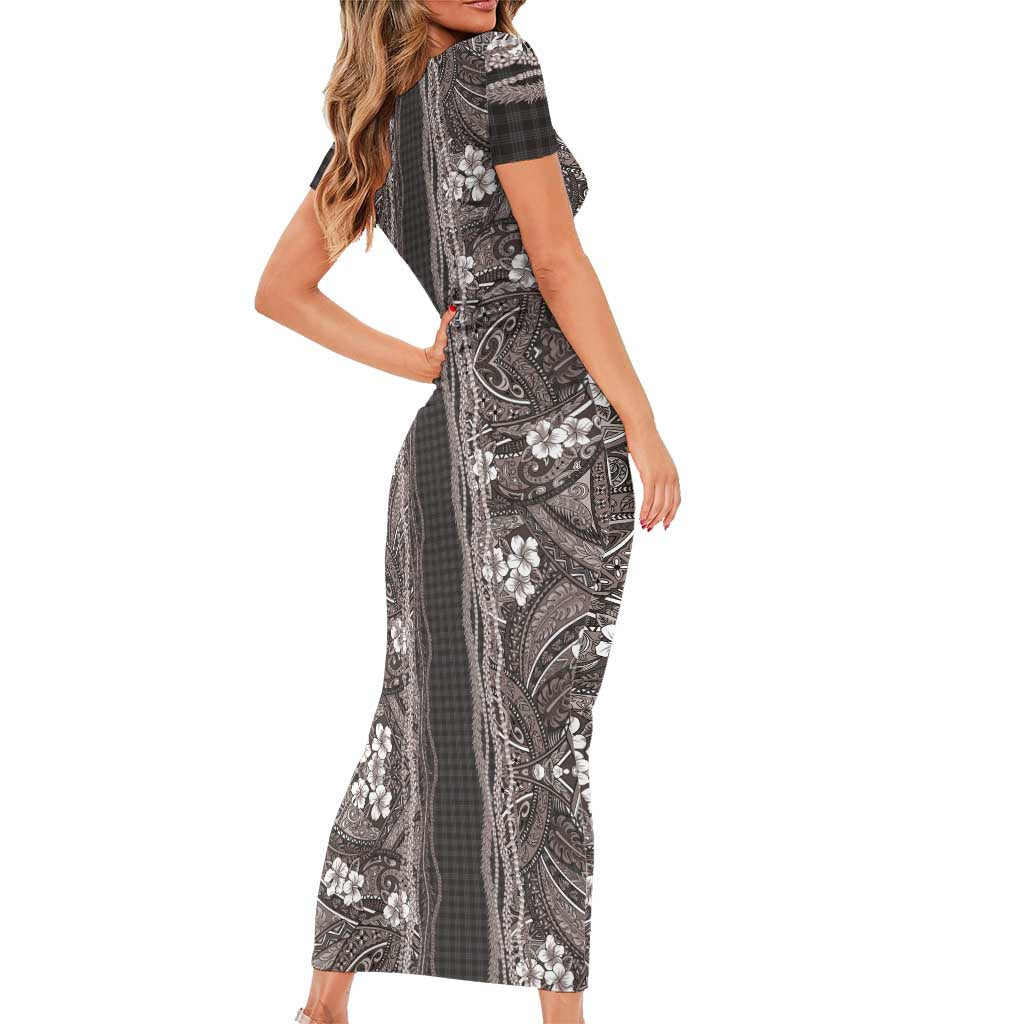 Hawaiian Art Flower Tribal with Lei Family Matching Short Sleeve Bodycon Dress and Hawaiian Shirt Palaka Pattern Grayscale - Polynesian Pride