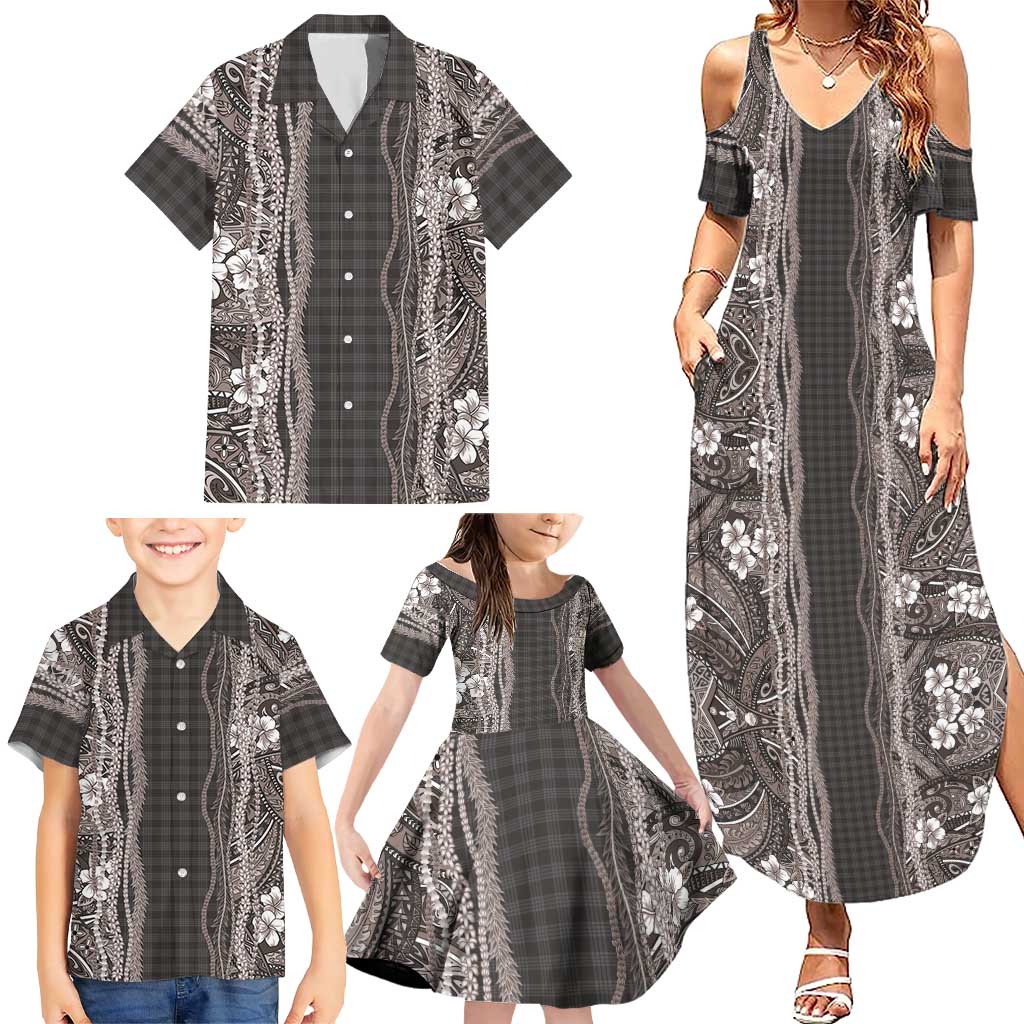 Hawaiian Art Flower Tribal with Lei Family Matching Summer Maxi Dress and Hawaiian Shirt Palaka Pattern Grayscale - Polynesian Pride