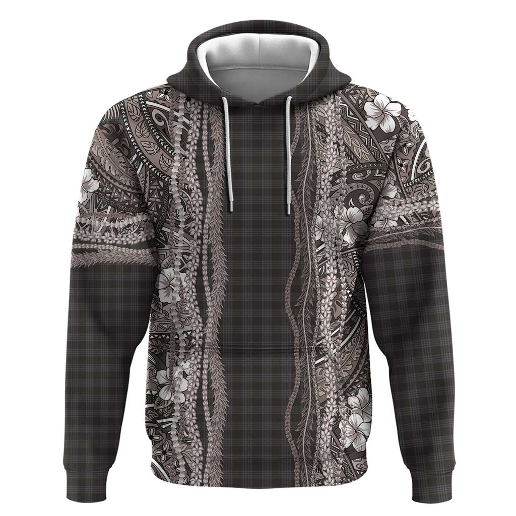 Hawaiian Art Flower Tribal with Lei Hoodie Palaka Pattern Grayscale - Polynesian Pride