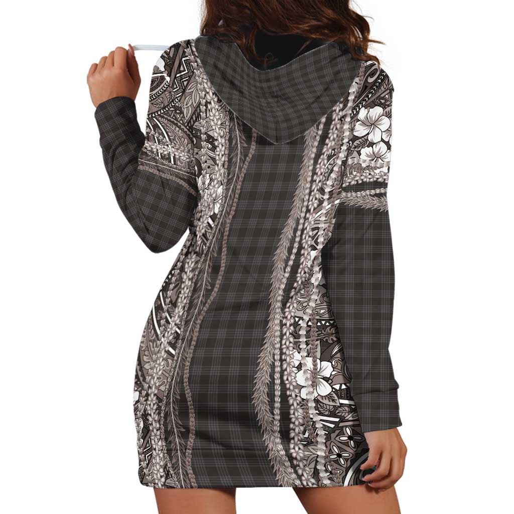 Hawaiian Art Flower Tribal with Lei Hoodie Dress Palaka Pattern Grayscale - Polynesian Pride