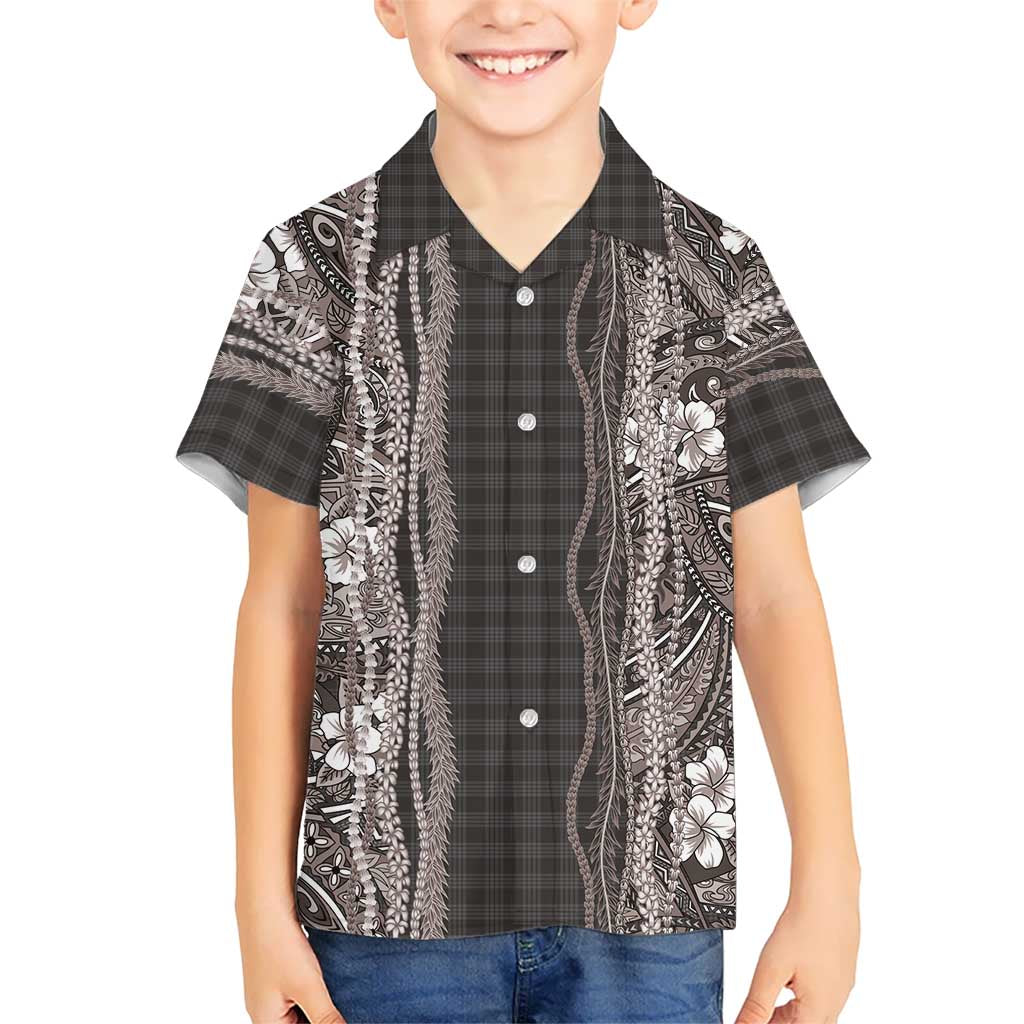 Hawaiian Art Flower Tribal with Lei Kid Hawaiian Shirt Palaka Pattern Grayscale LT03 Kid Gray - Polynesian Pride
