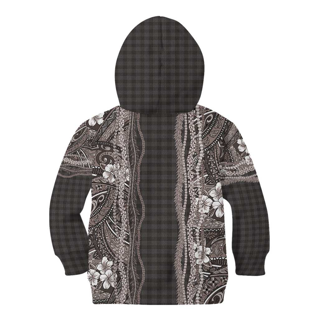 Hawaiian Art Flower Tribal with Lei Kid Hoodie Palaka Pattern Grayscale LT03 - Polynesian Pride