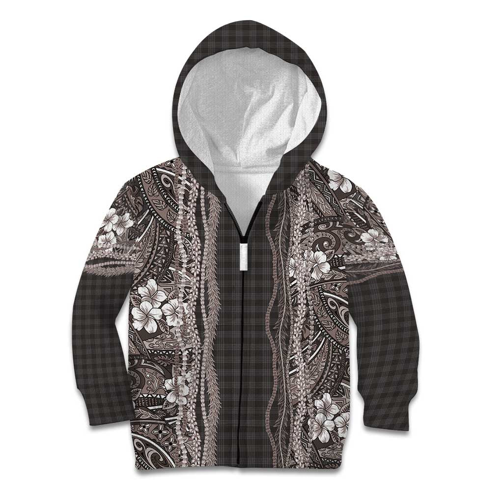 Hawaiian Art Flower Tribal with Lei Kid Hoodie Palaka Pattern Grayscale LT03 Zip Hoodie Gray - Polynesian Pride