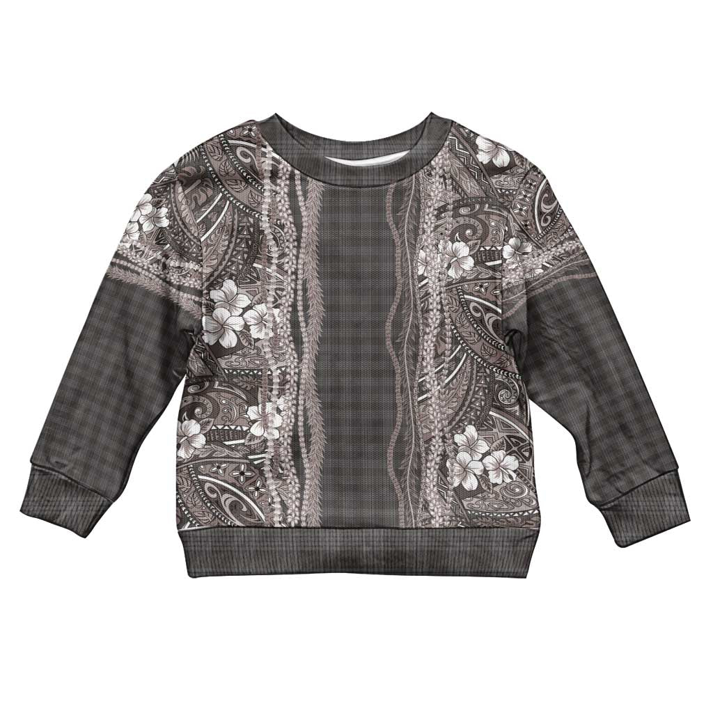 Hawaiian Art Flower Tribal with Lei Kid Ugly Christmas Sweater Palaka Pattern Grayscale LT03 Kid Gray - Polynesian Pride