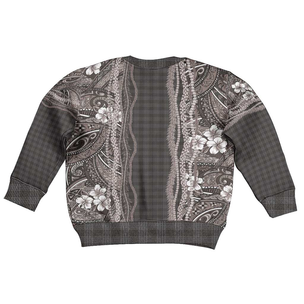 Hawaiian Art Flower Tribal with Lei Kid Ugly Christmas Sweater Palaka Pattern Grayscale LT03 - Polynesian Pride