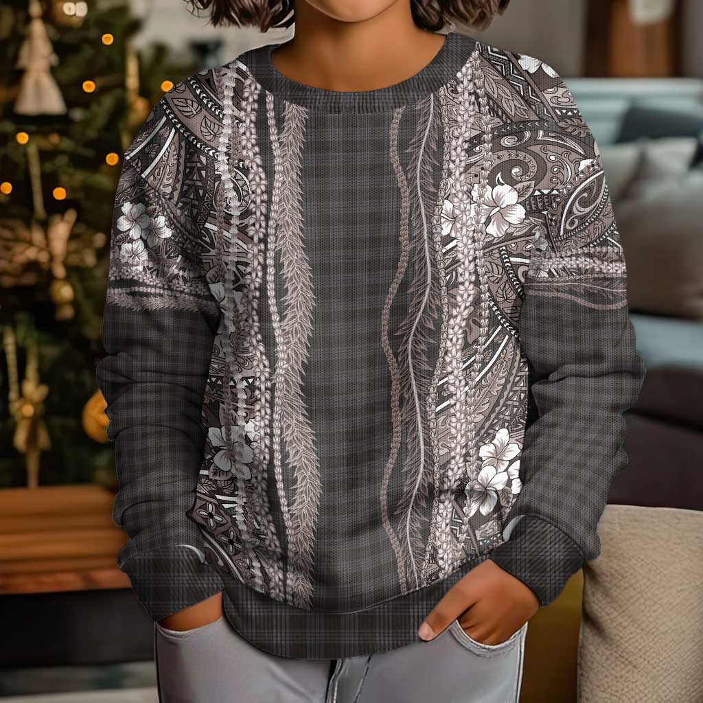 Hawaiian Art Flower Tribal with Lei Kid Ugly Christmas Sweater Palaka Pattern Grayscale LT03 - Polynesian Pride