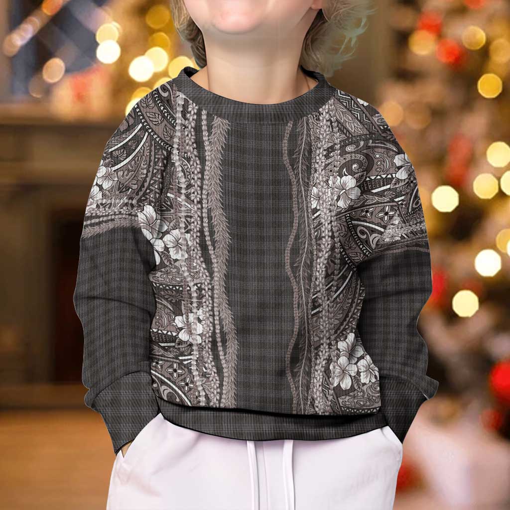 Hawaiian Art Flower Tribal with Lei Kid Ugly Christmas Sweater Palaka Pattern Grayscale LT03 - Polynesian Pride