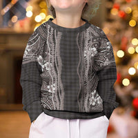 Hawaiian Art Flower Tribal with Lei Kid Ugly Christmas Sweater Palaka Pattern Grayscale LT03 - Polynesian Pride