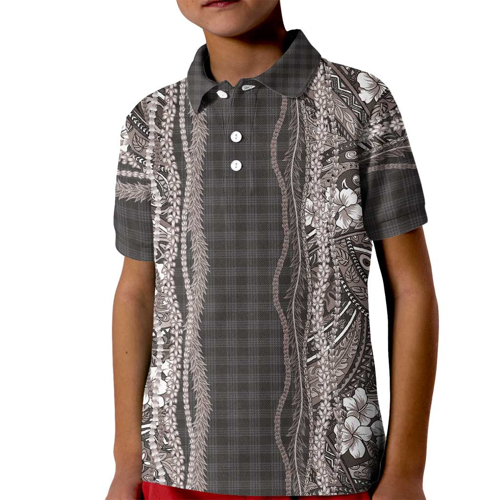 Hawaiian Art Flower Tribal with Lei Kid Polo Shirt Palaka Pattern Grayscale LT03 Kid Gray - Polynesian Pride