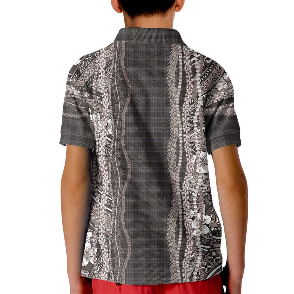 Hawaiian Art Flower Tribal with Lei Kid Polo Shirt Palaka Pattern Grayscale LT03 - Polynesian Pride