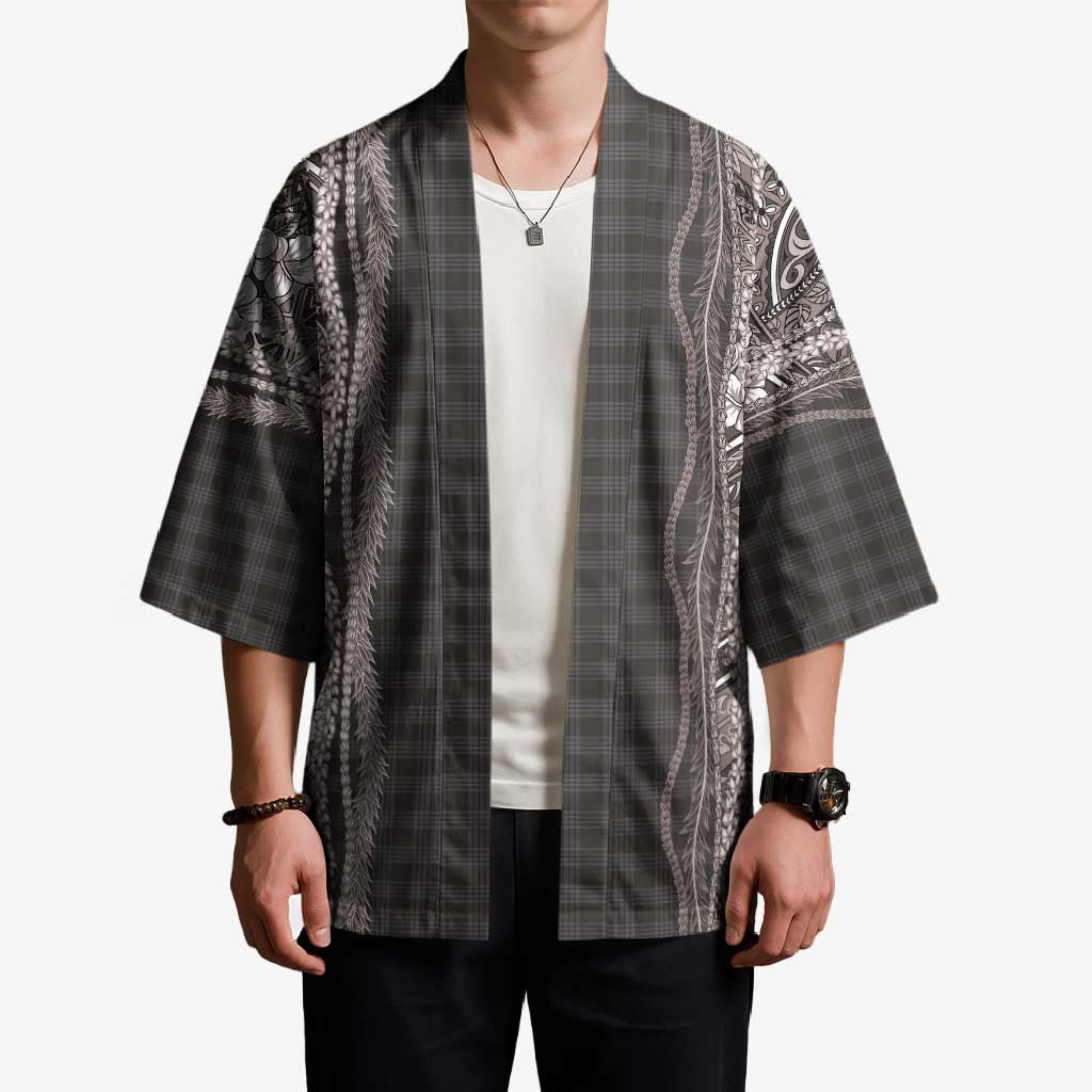 Hawaiian Art Flower Tribal with Lei Kimono Palaka Pattern Grayscale - Polynesian Pride