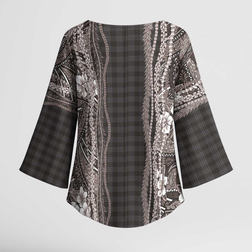 Hawaiian Art Flower Tribal with Lei Kimono Sleeve Blouse Palaka Pattern Grayscale - Polynesian Pride