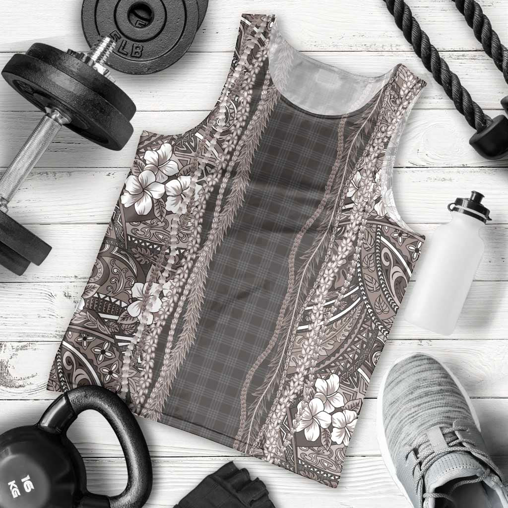 Hawaiian Art Flower Tribal with Lei Men Tank Top Palaka Pattern Grayscale - Polynesian Pride
