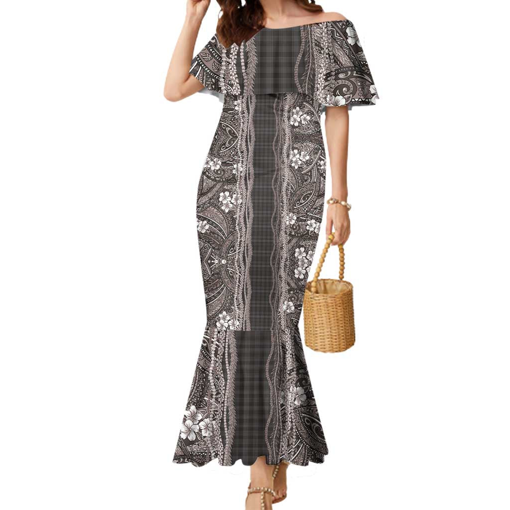 Hawaiian Art Flower Tribal with Lei Mermaid Dress Palaka Pattern Grayscale - Polynesian Pride