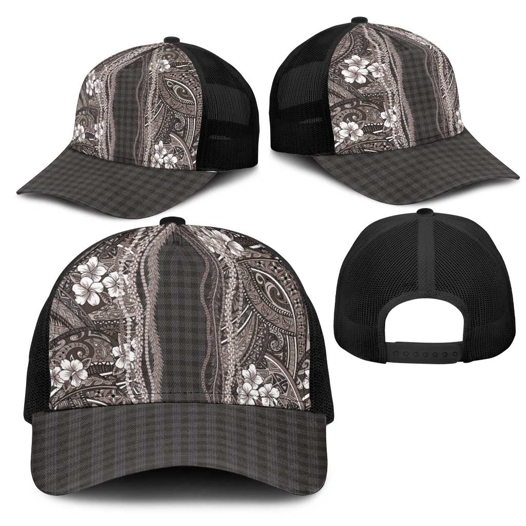 Hawaiian Art Flower Tribal with Lei Mesh Trucker Cap Palaka Pattern Grayscale - Polynesian Pride