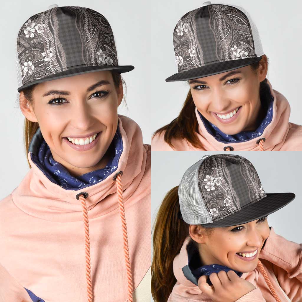 Hawaiian Art Flower Tribal with Lei Mesh Trucker Cap Palaka Pattern Grayscale - Polynesian Pride