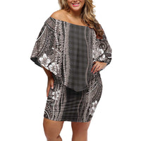 Hawaiian Art Flower Tribal with Lei Off Shoulder Short Dress Palaka Pattern Grayscale LT03 Women Gray - Polynesian Pride