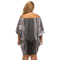 Hawaiian Art Flower Tribal with Lei Off Shoulder Short Dress Palaka Pattern Grayscale LT03 - Polynesian Pride