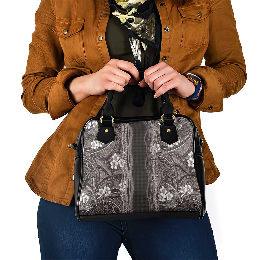 Hawaiian Art Flower Tribal with Lei Shoulder Handbag Palaka Pattern Grayscale - Polynesian Pride