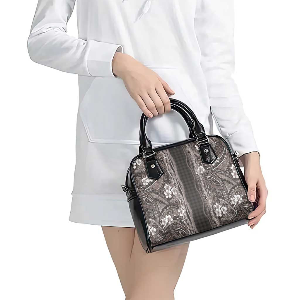 Hawaiian Art Flower Tribal with Lei Shoulder Handbag Palaka Pattern Grayscale - Polynesian Pride