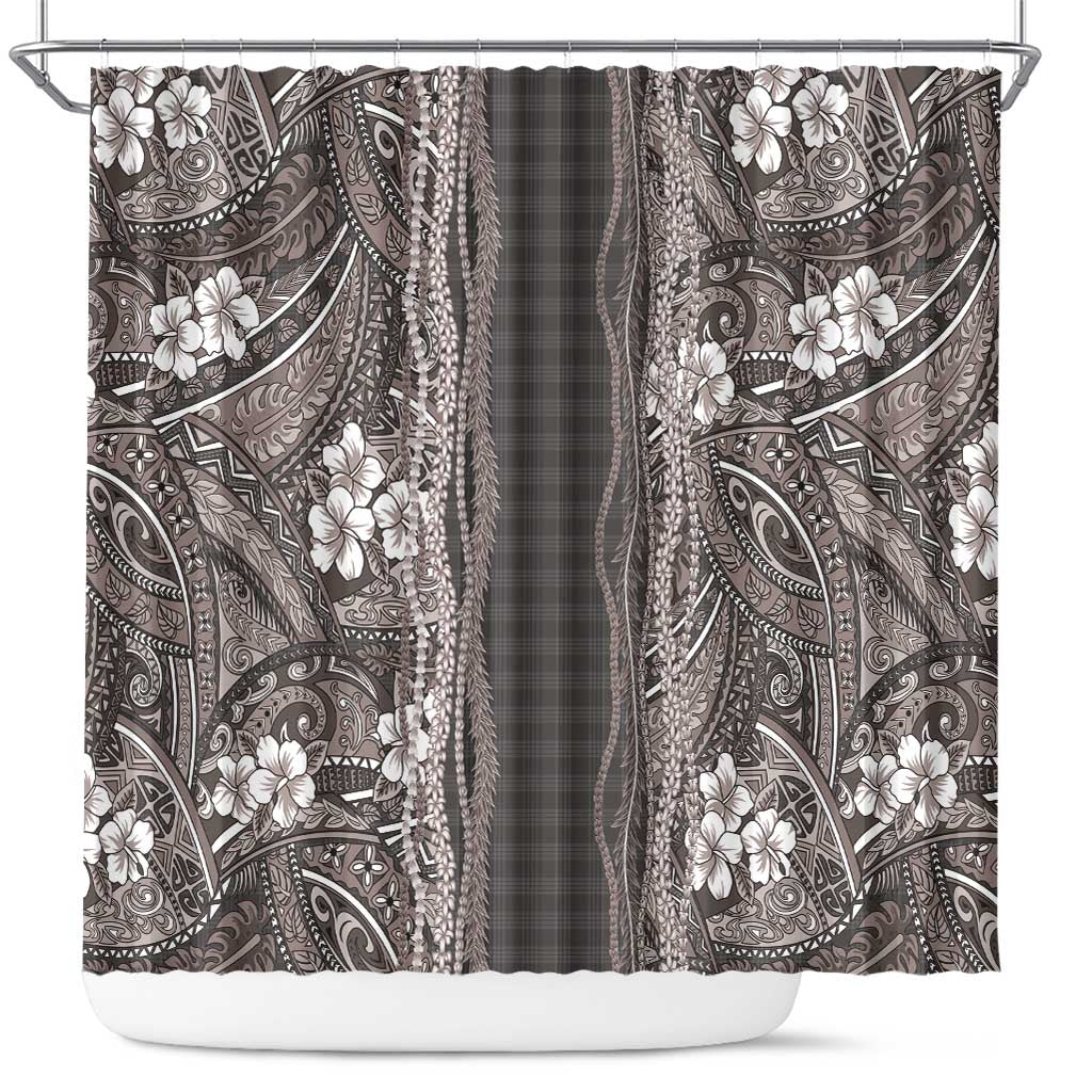 Hawaiian Art Flower Tribal with Lei Shower Curtain Palaka Pattern Grayscale LT03 Gray - Polynesian Pride