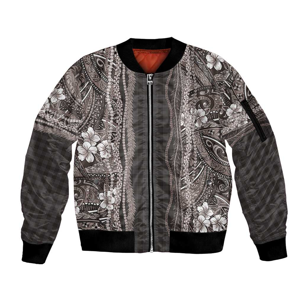 Hawaiian Art Flower Tribal with Lei Sleeve Zip Bomber Jacket Palaka Pattern Grayscale LT03 Unisex Gray - Polynesian Pride