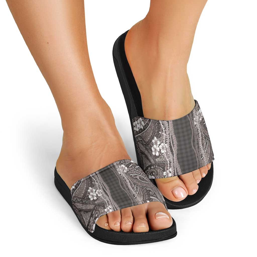 Hawaiian Art Flower Tribal with Lei Slide Sandals Palaka Pattern Grayscale - Polynesian Pride