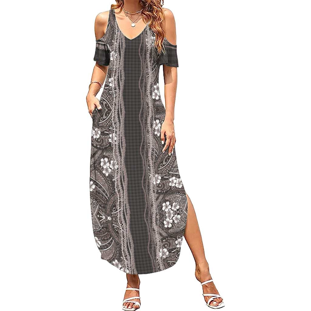 Hawaiian Art Flower Tribal with Lei Summer Maxi Dress Palaka Pattern Grayscale LT03 Women Gray - Polynesian Pride