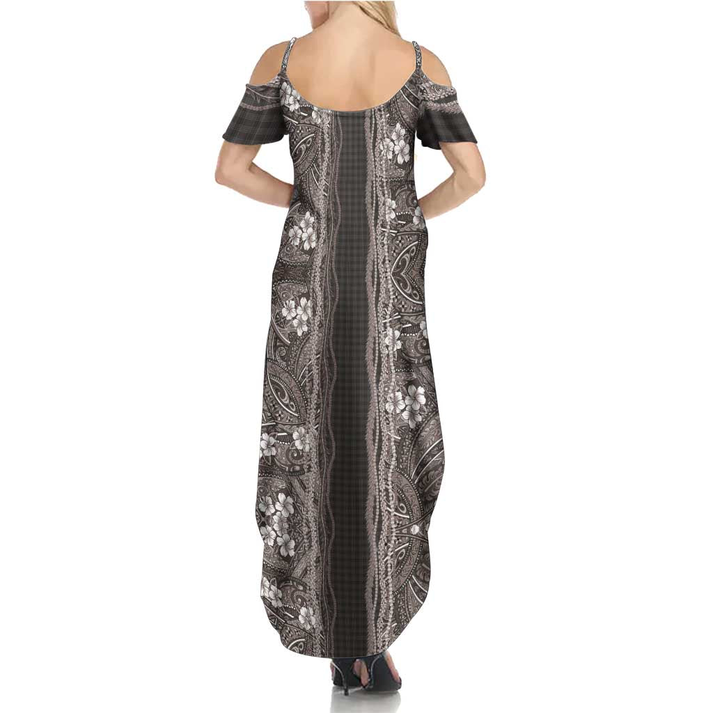 Hawaiian Art Flower Tribal with Lei Summer Maxi Dress Palaka Pattern Grayscale LT03 - Polynesian Pride