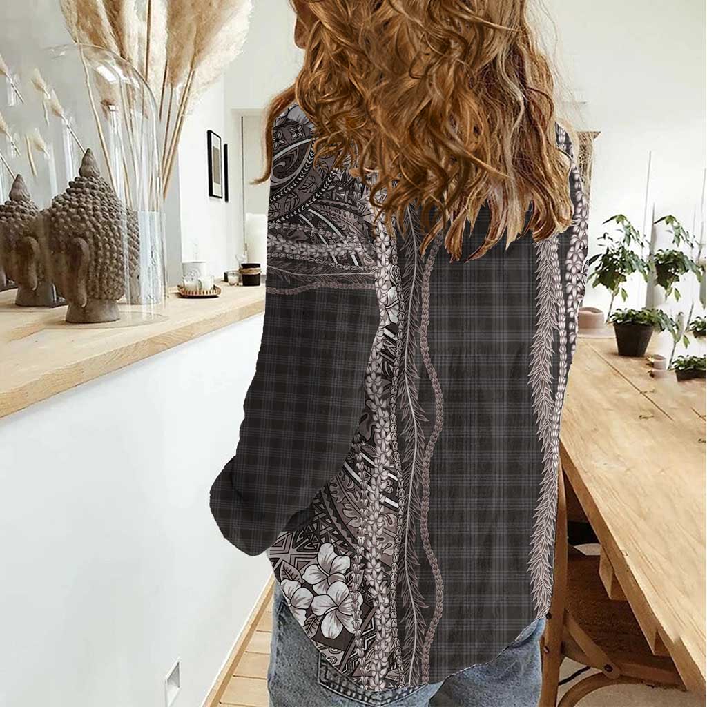 Hawaiian Art Flower Tribal with Lei Women Casual Shirt Palaka Pattern Grayscale - Polynesian Pride