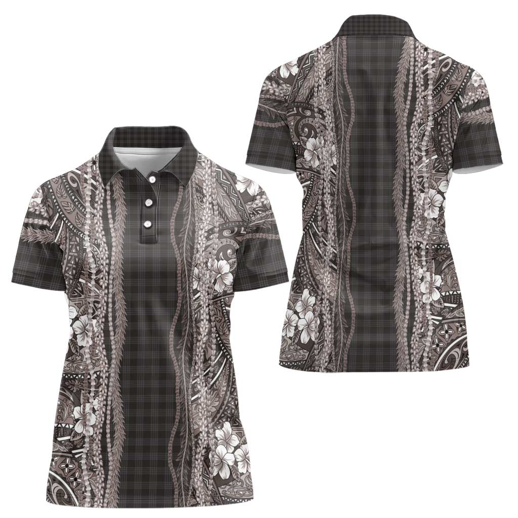 Hawaiian Art Flower Tribal with Lei Women Polo Shirt Palaka Pattern Grayscale - Polynesian Pride
