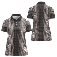 Hawaiian Art Flower Tribal with Lei Women Polo Shirt Palaka Pattern Grayscale - Polynesian Pride