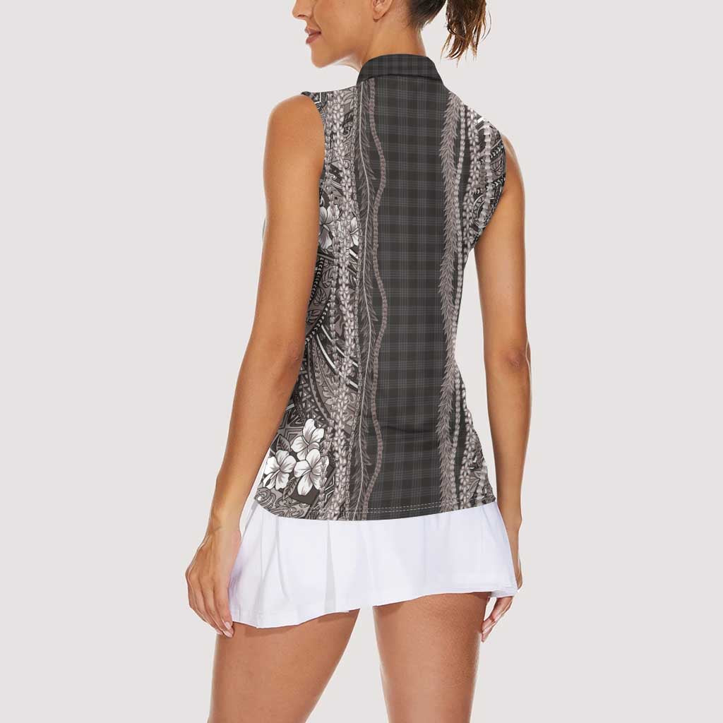Hawaiian Art Flower Tribal with Lei Women Sleeveless Polo Shirt Palaka Pattern Grayscale - Polynesian Pride