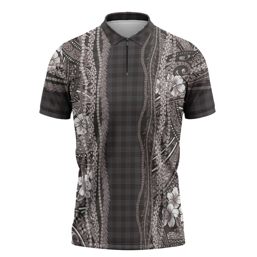 Hawaiian Art Flower Tribal with Lei Zipper Polo Shirt Palaka Pattern Grayscale - Polynesian Pride