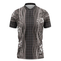 Hawaiian Art Flower Tribal with Lei Zipper Polo Shirt Palaka Pattern Grayscale - Polynesian Pride