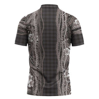 Hawaiian Art Flower Tribal with Lei Zipper Polo Shirt Palaka Pattern Grayscale - Polynesian Pride