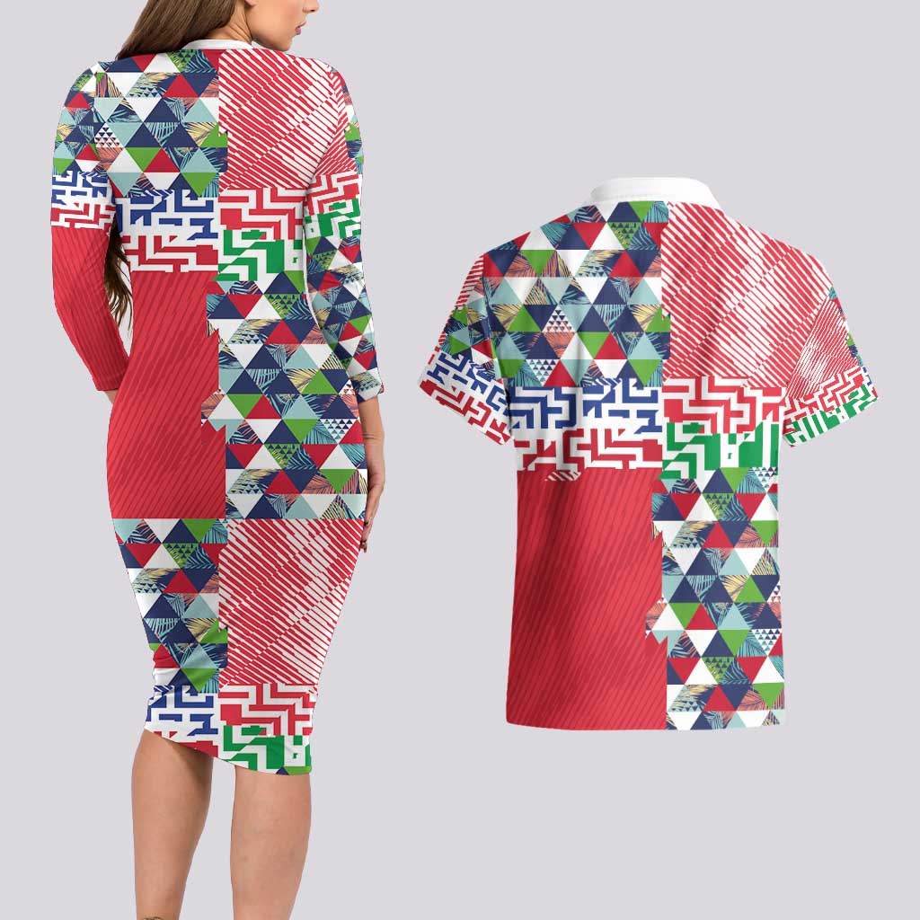 Hawaiian Floral Kakau Tropical Leaves-Sporty Style Couples Matching Long Sleeve Bodycon Dress and Hawaiian Shirt