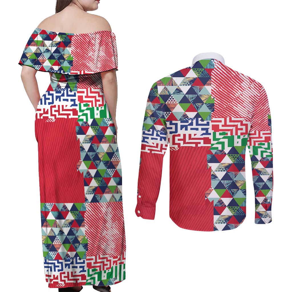 Hawaiian Floral Kakau Tropical Leaves-Sporty Style Couples Matching Off Shoulder Maxi Dress and Long Sleeve Button Shirt