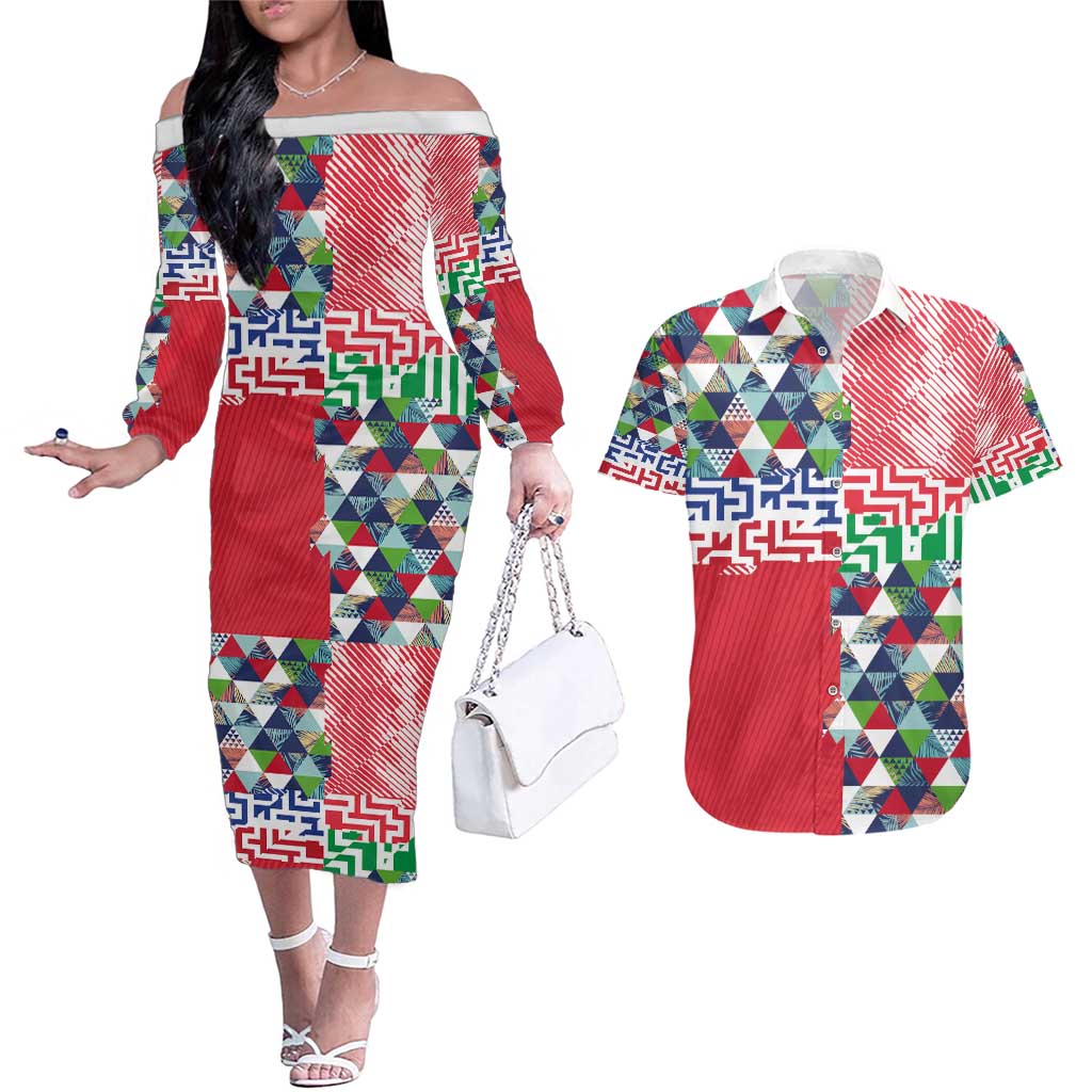 Hawaiian Floral Kakau Tropical Leaves-Sporty Style Couples Matching Off The Shoulder Long Sleeve Dress and Hawaiian Shirt