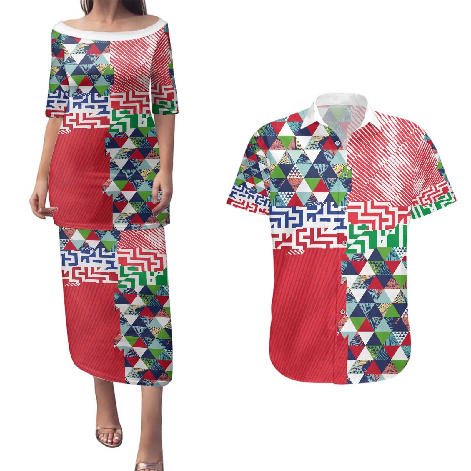 Hawaiian Floral Kakau Tropical Leaves-Sporty Style Couples Matching Puletasi and Hawaiian Shirt