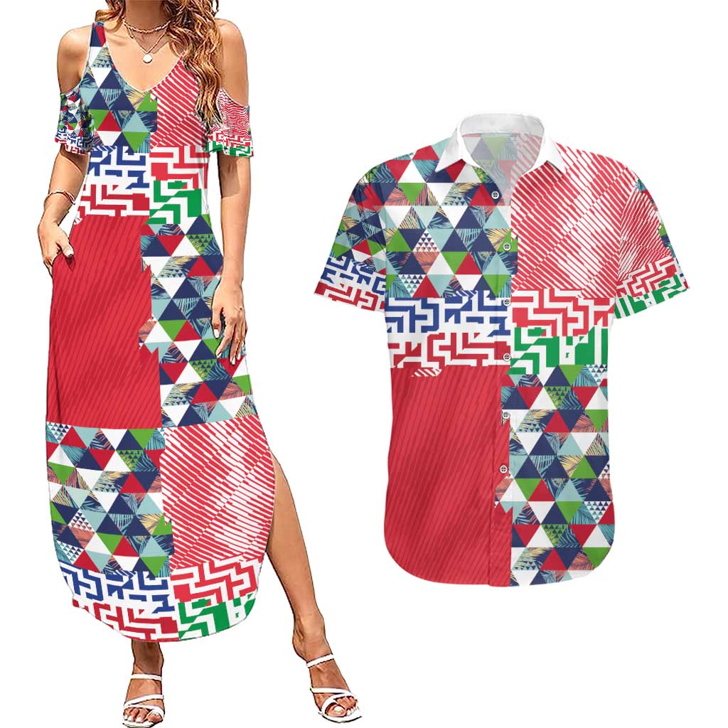 Hawaiian Floral Kakau Tropical Leaves-Sporty Style Couples Matching Summer Maxi Dress and Hawaiian Shirt