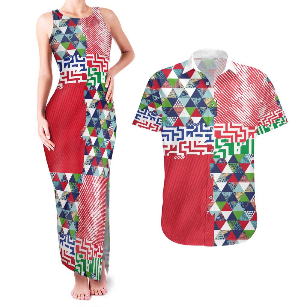 Hawaiian Floral Kakau Tropical Leaves-Sporty Style Couples Matching Tank Maxi Dress and Hawaiian Shirt