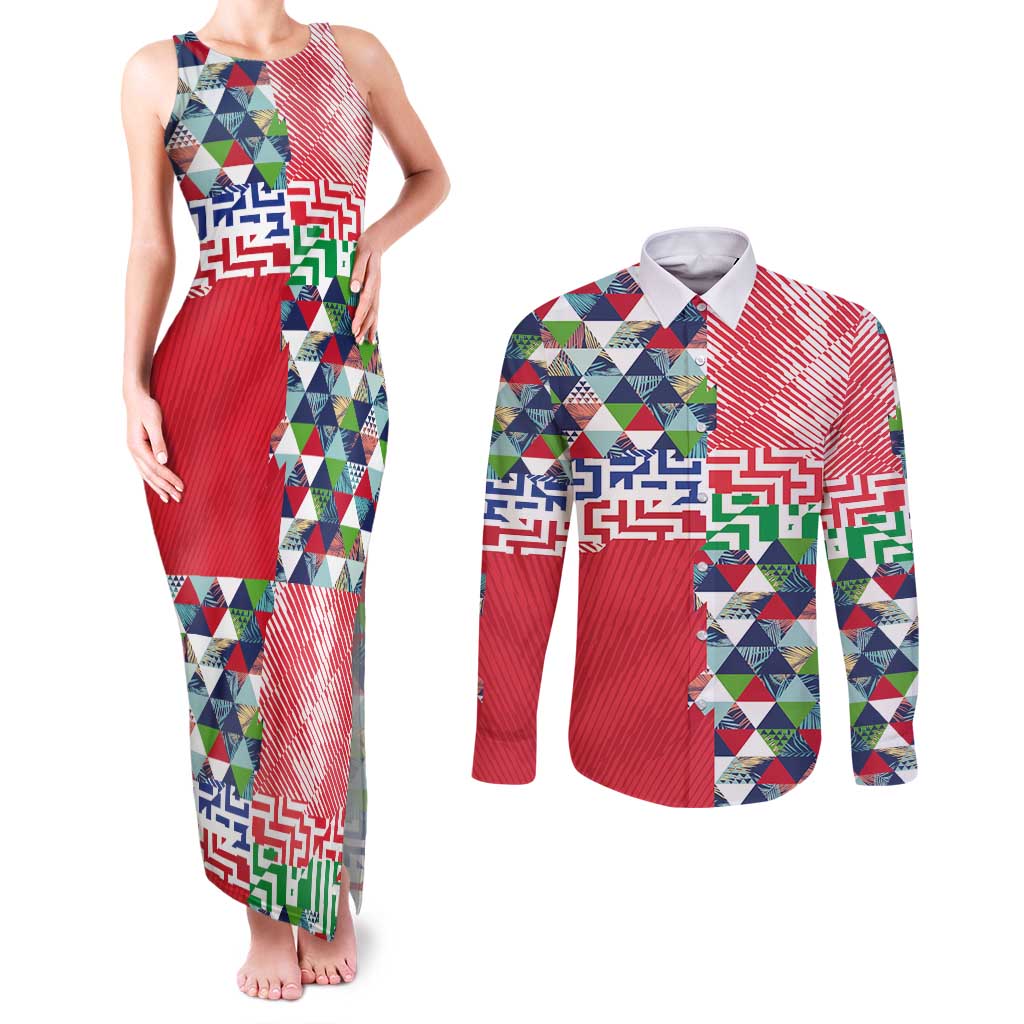 Hawaiian Floral Kakau Tropical Leaves-Sporty Style Couples Matching Tank Maxi Dress and Long Sleeve Button Shirt